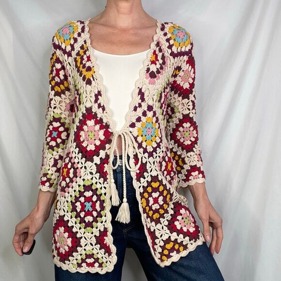 Johnny Was crochet granny square knit cardigan sweater tie front stevie - Picture 11 of 14